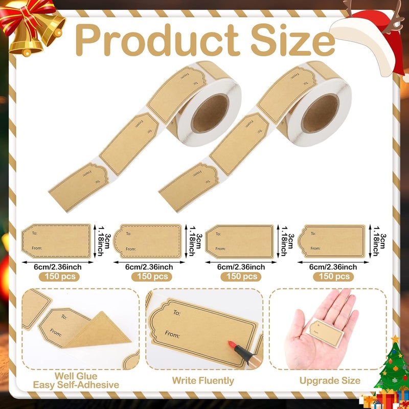 AuraRay 600 Pcs Gift Tag Stickers, 4 Styles Natural Kraft to and from Gift Tag Stickers 1.18"X2.36" Self Adhesive Christmas Labels Holiday Present Labels, 300 Pcs/Roll - Image 2